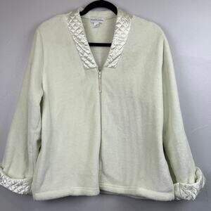 Miss Elaine Zip Front Fleece Robe Jacket Satin Trim Cream Women’s M